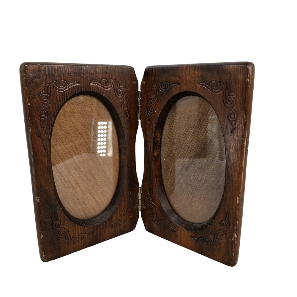 Vintage Wood Double Folding Picture Frame Oval Hinged Bifold Scroll Carved Brown